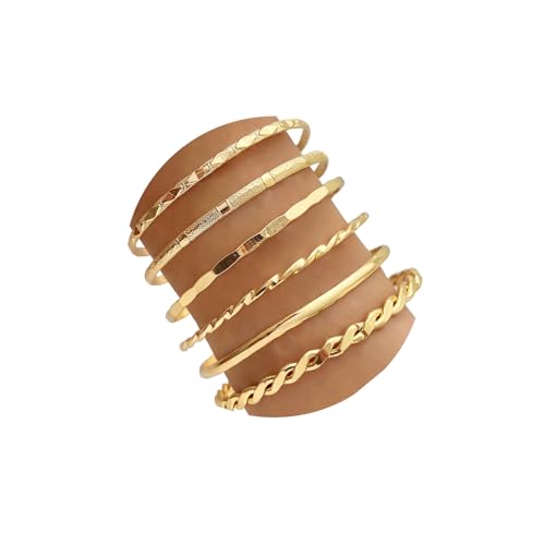 IFKM Gold Bangle Bracelets For Women, 14k Gold Plated Multi Layer Stackable Cuff Bracelet Set, Trendy Elegance Charms Non Tarnish Minimalist Textured Boho Jewelry Gift for Women - style: 6pcs Rhombus smooth intersect
