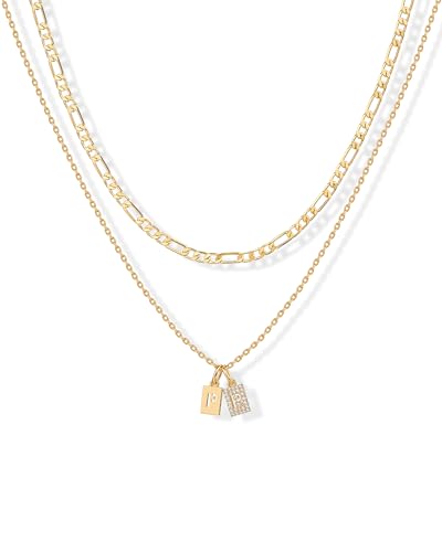 PAVOI 14K Gold Plated Initial Letter Double Dog Tag Pendant Necklace | Dainty Cubic Zirconia Letter Tag Round Box Chain Necklaces for Women - style: Minimalist Gold Pendant with Cubic Zirconia