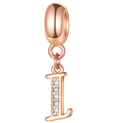 EMOSTAR Letter Charms Initial A-Z Alphabet Beads, Rose Gold 925 Sterling Silver Dangle CZ Birthstone Pendant, Gifts for European Charm Bracelet/Mothers Day/Birthday - color: Letter I