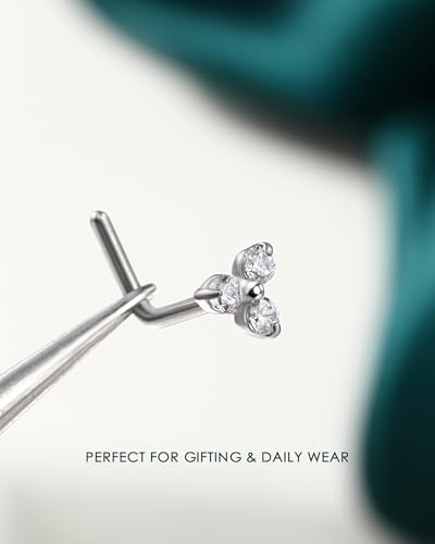 COCHARM Minimalist Titanium Nose Stud, 20g L Shape Flower Nose Ring Stud Cute G23 Titanium Surgical Steel Silver Nostril Piercing with Clear CZ Hypoallergenic - style: TripleCZ-Silver