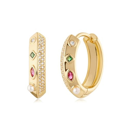 Women Gold Earrings Huggie Hoop Cubic Zirconia 14K Gold Plated Small Simple Hypoallergenic Everyday Jewelry - style: Ridge Rainbow