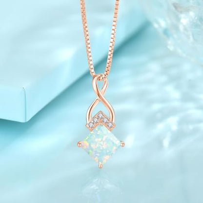 Infinity Necklace 925 Sterling Silver Princess Cut Pendant Birthstone Jewelry for Women - color: Golden Rose-lridescent White