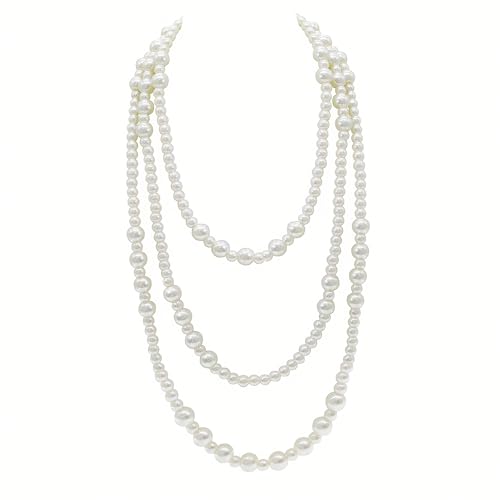 JNF 1920s Pearl Necklace for Women Long Chunky Big Pearl Strands Flapper Beaded Necklaces Imitation Faux Pearls Gatsby Vintage Costume Jewelry 80'' Long - color: white