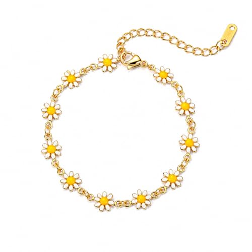 Women's Stainless Steel Daisy Anklet Gold Chain Dainty Flower Ankle Bracelet for Summer Beach Wear - color: White Daisy