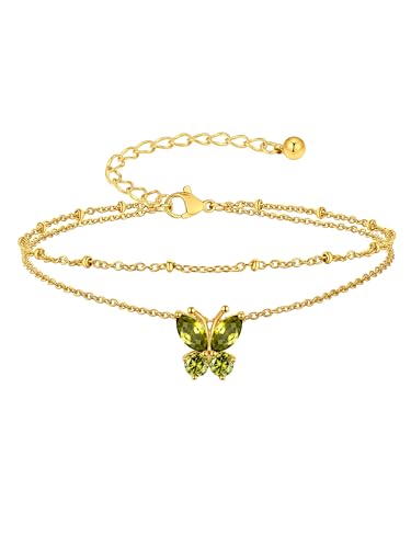 Suplight Gold Plated Butterfly Anklets for Women Waterproof, Layered Boho Ankle Bracelet with Birthstone, Stainless Steel Adjustable Non-Tarnish Heart Foot Jewelry Beach Vacation - color: 08. Butterfly-August. Peridot