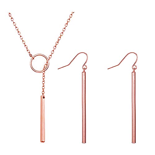 Dcfywl731 Minimal Dainty Gold Plated Dangle Earrings Layered Bar Pendant Neckalce Gold Long Y-Necklace Gold Earrings and Necklaces Set Delicate Lariat Chain Jewelry for Women - color: C1: rose gold jewelry set