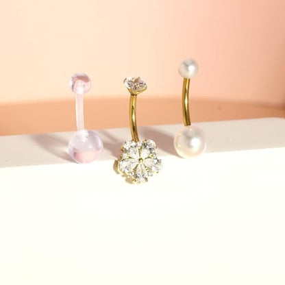 TIANCI FBYJS 3pcs G23 Titanium Pink Belly Button Rings Internally Threaded 10mm Clicker Reverse Curved Hoop Navel Barbell Piercing Jewelry CZ Belly Rings for Women Men - color: gold set 1