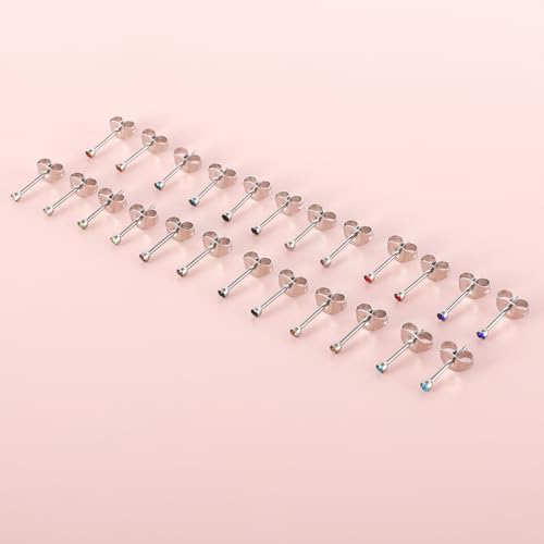 12 Pairs Surgical Stainless Steel Cubic Zirconia Birthstone Stud Earrings Heart Star Round Multicolors Stud Earrings Set for Women - style: Silver round 2mm