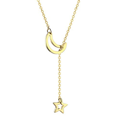 18K Gold Plated Stainless Steel Bee Honeycomb Pendant Necklace, Adjustable Y Lariat Conch/Guitar/Horseshoe Necklace for Women - color: Gold, style: Moon Star