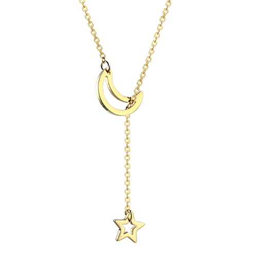 18K Gold Plated Stainless Steel Bee Honeycomb Pendant Necklace, Adjustable Y Lariat Conch/Guitar/Horseshoe Necklace for Women - color: Gold, style: Moon Star