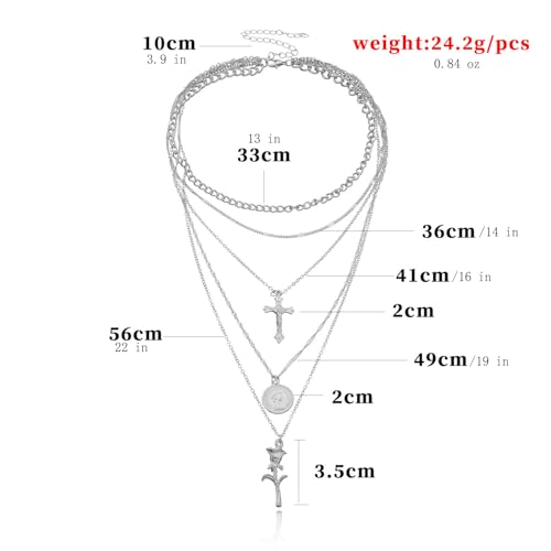 PLOUTOS Cross Coin Rose Layered Multi Chain Choker Necklace Set For Women Rhinestone Gold Silver Five Layer Adjustable Statement Fashion Chunky Boho Punk - color: Silver