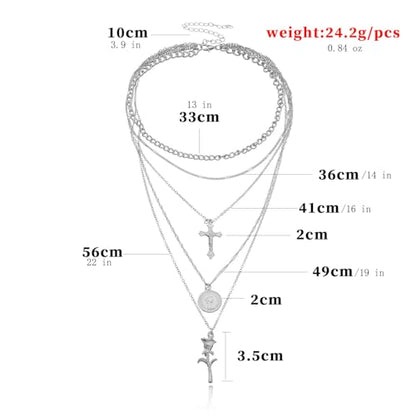 PLOUTOS Cross Coin Rose Layered Multi Chain Choker Necklace Set For Women Rhinestone Gold Silver Five Layer Adjustable Statement Fashion Chunky Boho Punk - color: Silver
