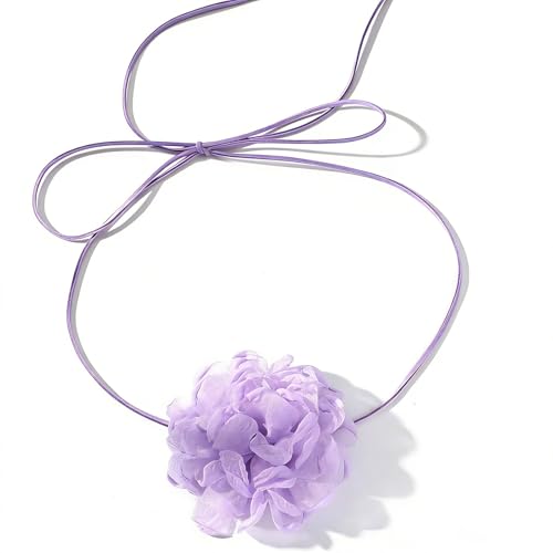 Rose Black Velvet Floral Choker Necklace - Camellia Daisy Rosette - Spring Summer Flower Jewelry - color: Purple