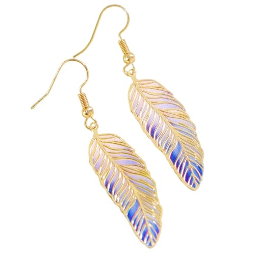 Bohemian Colorful Feather Drop Earrings for Women,Fashion Gradient Leaf Danging Earring Lightweight Hook Shaped Statement Jewelry - color: color A