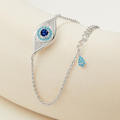 Cicy Bell Evil Eye Bracelets 18k Gold Plated Adjustable | Turquoise，Zirconia Link, Trendy Jewelry Gift for Women, 15.9" with 1.9'' Extender - color: A-Silver