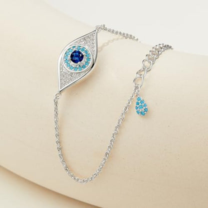 Cicy Bell Evil Eye Bracelets 18k Gold Plated Adjustable | Turquoise，Zirconia Link, Trendy Jewelry Gift for Women, 15.9" with 1.9'' Extender - color: A-Silver