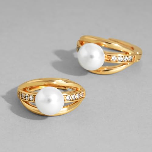 DREMMY STUDIOS Gold Dainty Huggie Hoop Earrings 18K Gold Plated Exquisite Open Tassel Dangle Charm Drop Sleeper Geometric Cross Coin Star Heart White CZ Simple Hypoallergenic Earrings for Women - color: Pearl Hoop
