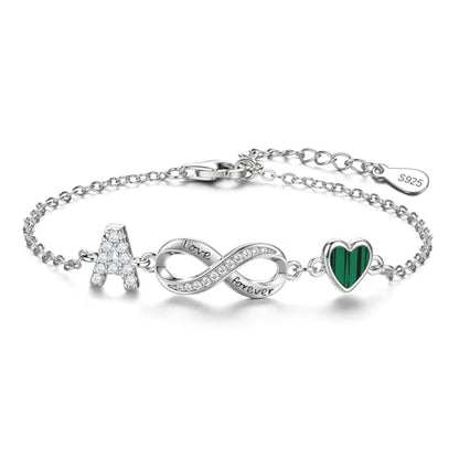 925 Sterling Silver Adjustable Letter Bracelets Infinity Heart Emerald Charm Link Bracelet ，Personalized Charm Alphabet Jewelry Valentines Christmas Mother’s Day Birthday Gifts - color: A