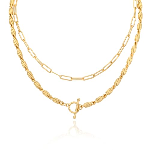 Layered Necklaces for Women 14k Gold Plated Chain Necklace Trendy Dainty Toggle Clasp Chunky Cuban Link Paperclip Chain Jewelry Gift - style: Style 5：Paperclip+Chunky Chain