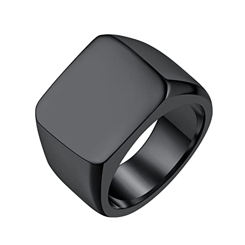 FindChic Customized Signet Photo Rings Square/Heart/Round Chunky Band Ring Stainless Steel/18K Gold Plated/Black Size 7 to 14 Personalized Jewelry for Men Women, Send Gift Box - color: 01. non-customized square (black)