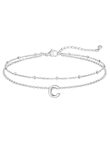 FaithHeart Initial Ankle Bracelets for Women, Waterproof 14k Gold Plated Initial Anklets Non Tarnish Stainless Steel Cute Layered Anklet Summer Beach Jewelry - color: Silver, size: Initial C