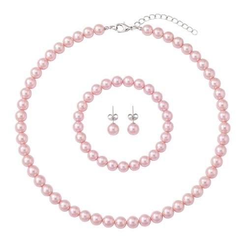 FORUBUS Imitation Pearl Jewelry Set for Women, 8mm Pearl Bead Necklace Earrings and Bracelet 3-Piece Set, 18" Round Faux Pearl Strand for Wedding, Bridal, Prom - color: Pink