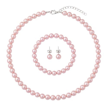 FORUBUS Imitation Pearl Jewelry Set for Women, 8mm Pearl Bead Necklace Earrings and Bracelet 3-Piece Set, 18" Round Faux Pearl Strand for Wedding, Bridal, Prom - color: Pink