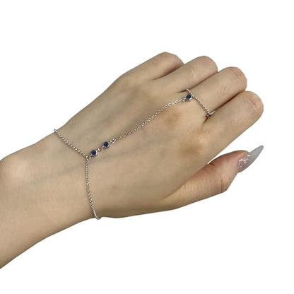 Kakikaki 925 Sterling Silver Finger Ring Bracelet Hand Chain for Women | Slave Bracelets 7" to 9" Adjustable - color: Silver, style: 3 Sapphire