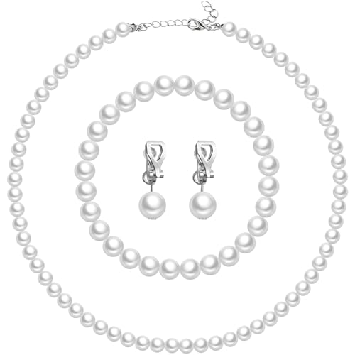 3 Pcs Pearl Jewelry Set Faux Pearl Clip on Earring Necklace Bracelet for Women Bridesmaid Birthday Wedding Gift - color: White, size: 8 mm