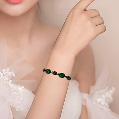 EleQueen Women's Wedding Bridal Jewelry Sets for Brides Bridesmaids, Cubic Zirconia Teardrop Necklace Tennis Bracelet Dangle Earrings Jewellery Set - color: 11-Emerald Color Black-Tone