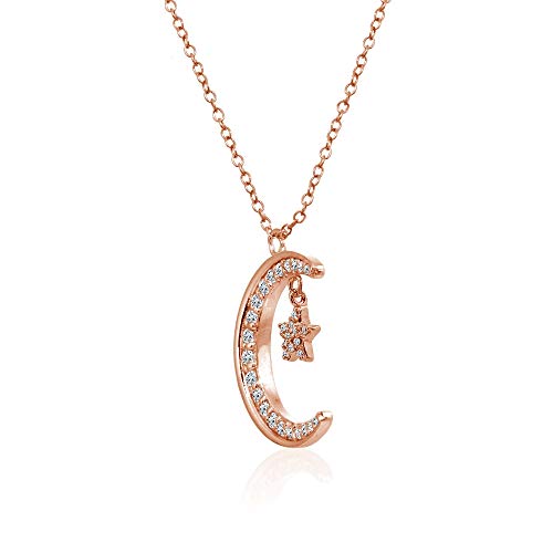 Hoops & Loops 925 Sterling Silver Crescent Moon and Star Cubic Zirconia Pendant Necklace for Women, Silver, Yellow Gold, Rose Gold - color: Rose Gold