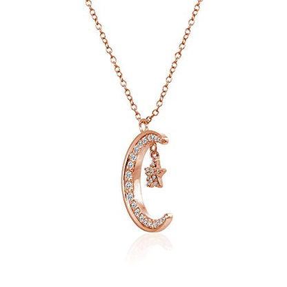 Hoops & Loops 925 Sterling Silver Crescent Moon and Star Cubic Zirconia Pendant Necklace for Women, Silver, Yellow Gold, Rose Gold - color: Rose Gold