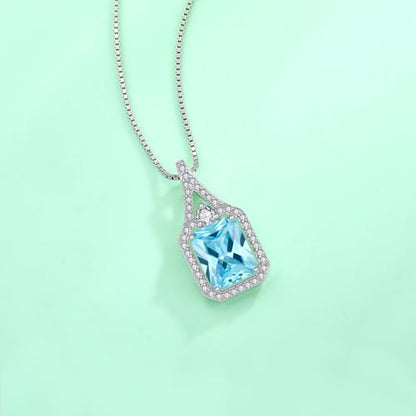 Created Gemstone Necklace 925 Sterling Silver Halo Rectangular Pendant Birthstone Necklaces Jewelry Gifts for Women - color: 03 March - Aquamarine