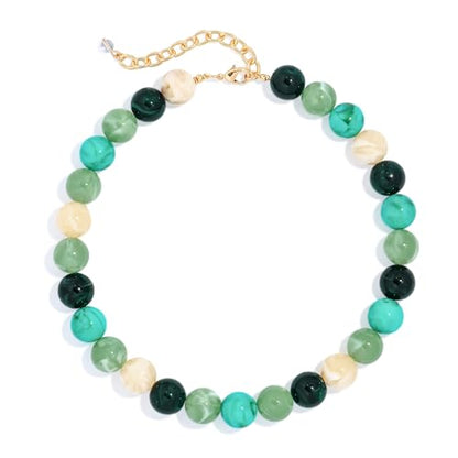 Chunky Beaded Necklace for Women Boho Statement Bead Necklace | Adjustable, Lightweight Choker, Round/Oval/Pebble Beads, Trendy Summer Beach Jewelry - color: Green Ombre
