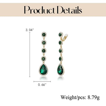 EleQueen Women's Wedding Crystal Teardrop Pear Shape 3 Inch Clip on Long Dangle Earrings for Bride Bridesmaid, Jewelry for Party Prom/Anniversary - color: Green Gold-Tone