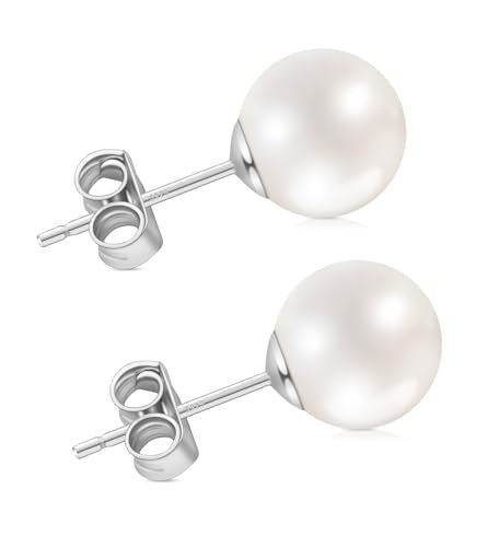 Pearl Earrings for Women, Hypoallergenic 925 Silver Post Studs | Shell Pearl Stud Earrings, Nickel-Free, 18K Yellow-Gold Plated Sterling Silver for Birthday Anniversary Wedding Daily Wear - color: Silver, size: 8mm