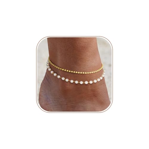 Gold Ankle Bracelets for Women, Dainty 14K Gold Plated Anklets for Women Waterproof Cuban Link Chain Pearl Anklet Set Trendy Layered Stackable Ankle Bracelet Non Tarnish Jewelry for Her - color: A0245