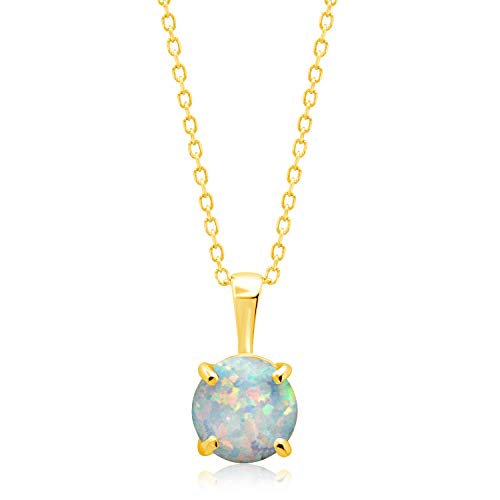 MAX + STONE 14k White or Yellow Gold Gemstone Round Pendant Necklace for Women 6mm Solitaire Birthstone with 18 Inch Cable Chain - color: Created Opal