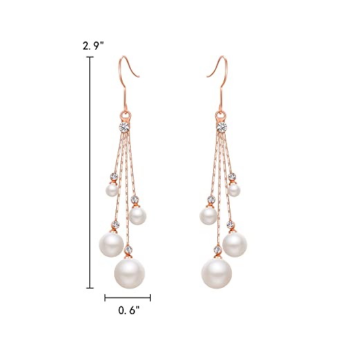 EleQueen Women's Silver-tone Crystal Simulated Pearl 4 Chain Bridal Long Dangle Hook Earrings Ivory Color - color: A-Rose Gold-Tone