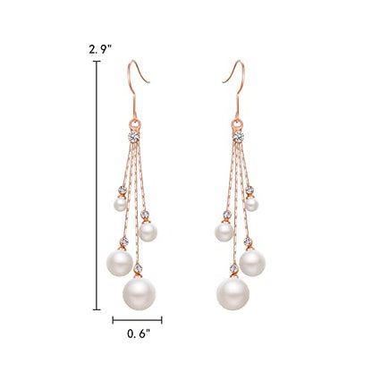 EleQueen Women's Silver-tone Crystal Simulated Pearl 4 Chain Bridal Long Dangle Hook Earrings Ivory Color - color: A-Rose Gold-Tone