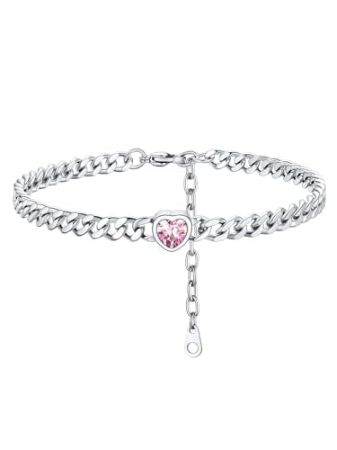 ChainsHouse Cuban Chain Anklets for Women with Heart Birthstone Jan - Dec | Stainless Steel Black Link Chain Ankle Bracelet with Birthstone, Beach Women Anklet 22cm-27cm Adjustable, with Gift Box - color: 10. Oct.-Tourmaline-Steel