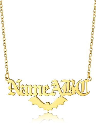 GoldChic JEWELRY Name Necklace Personalized for Men, Womens Custom Name Plate Chain, Stainless Steel Customized Old English Nameplate Choker with Curb Chains Custom, 16 inches to 30 inches - color: Rolo Chain(1.8 mm)&Bat- Gold