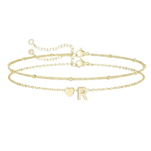 Gold Initial Bracelets for Women Trendy, Dainty Layered 14K Gold Plated Heart Letter Charm Bracelets, letter beads for name bracelets Jewelry Gifts - color: Gold-R