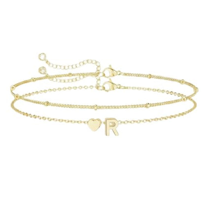 Gold Initial Bracelets for Women Trendy, Dainty Layered 14K Gold Plated Heart Letter Charm Bracelets, letter beads for name bracelets Jewelry Gifts - color: Gold-R
