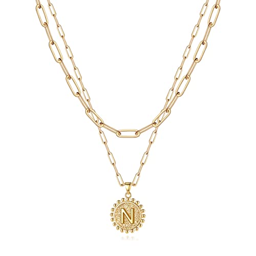Yoosteel Layered Initial Necklaces for Women Trendy, Letter A-Z Necklace | 14K Gold-Plated, Paperclip Chain, Coin Initial Necklace, Necklaces for Teen Girl Gifts, Jewelry for Women, Gifts for Mom Wife - color: Gold, style: N