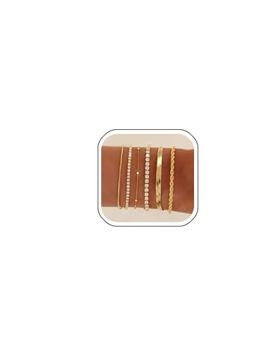 Gold Bracelets for Women 14K Gold Plated Stack Trend Bracelets Charm Paperclip Chain Cuban Link Layered Waterproof Bracelet Dainty Bracelet for Women Jewelry Gifts - color: 6Pcs Gold
