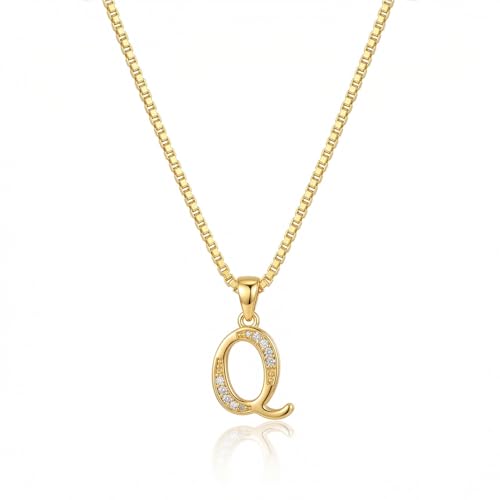Initial Necklace for Women, 14K Gold Silver Plated Box Chain Letter Pendant, Trendy Name Necklace, Dainty Personalized Charm Jewelry Gift for Her - color: Gold, style: Q