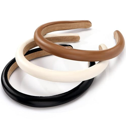3 Pcs Padded Headbands for Women, Solid Color Leather Headbands, Fashion Headwear, Girls Women Hair Accessories (Black + white + brown)