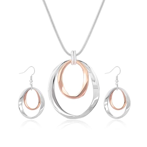 3 Circles Silver Hoop Earrings Necklace Set for Women Geometric Jewelry Set | 925 Silver Hypoallergenic Small Hoop Circle Geometry Textured Finish Minimalist Style Comfortable Wear - style: Gold and Silver Two Hoops