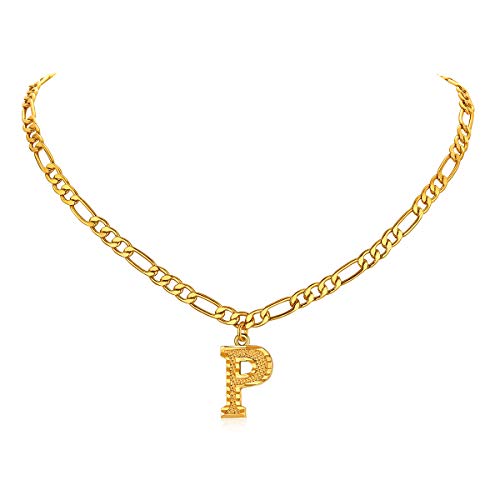 14K Gold Plated Initial Necklaces for Women Men A-Z Letter Necklaces | Figaro Chain, 16"+2" Adjustable Length, with Gift Box - style: P